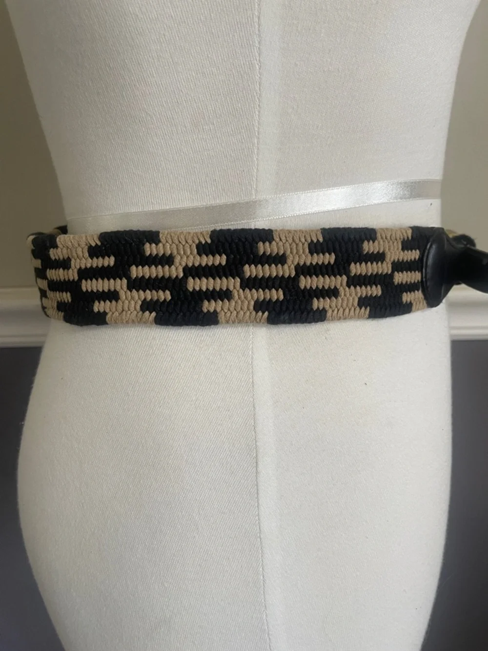 Black and Beige Woven Patterned Waist Belt